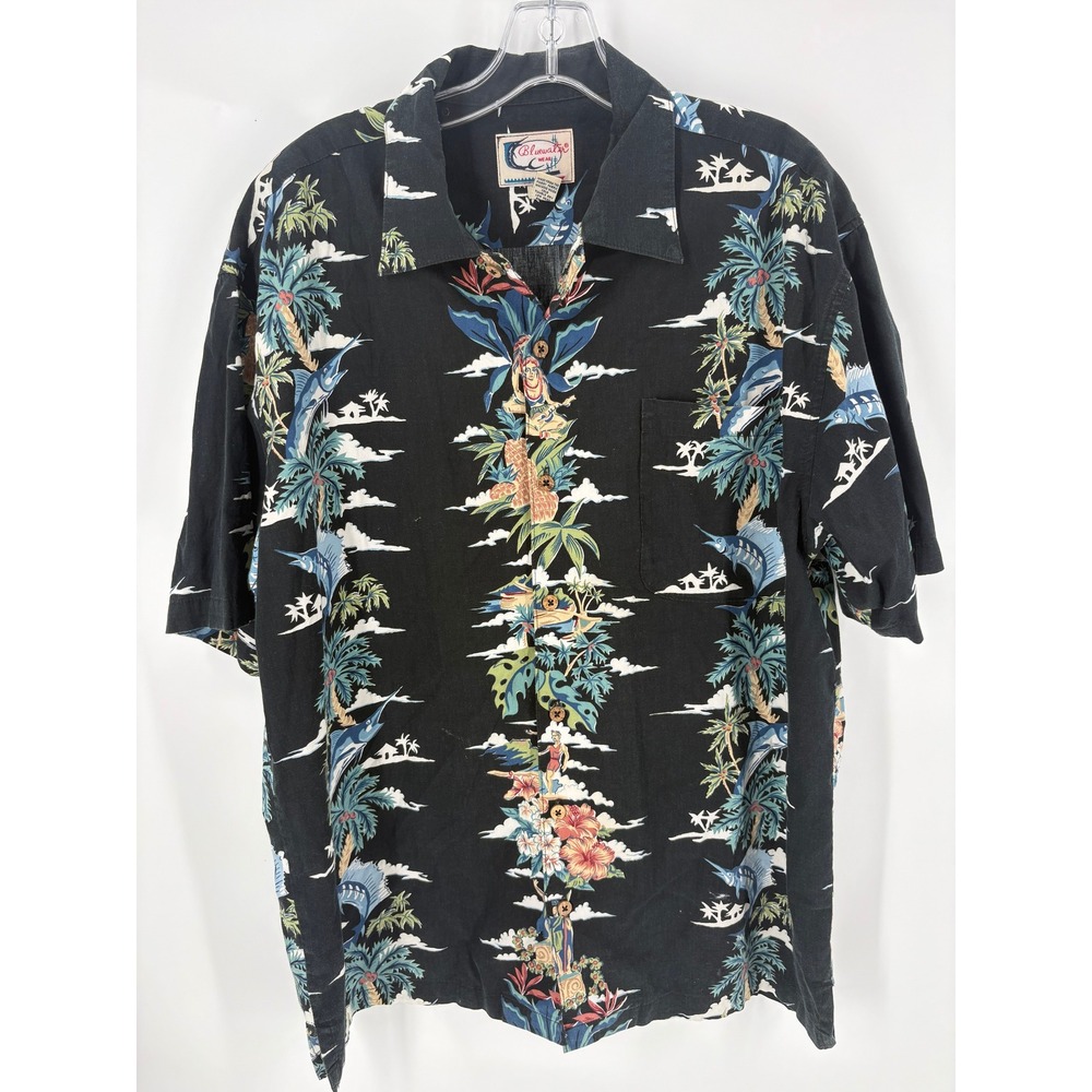 Bluewater Wear‎ Mens Black Aloha Hawaiian Shirt Fish Palm Tree Print Size XL